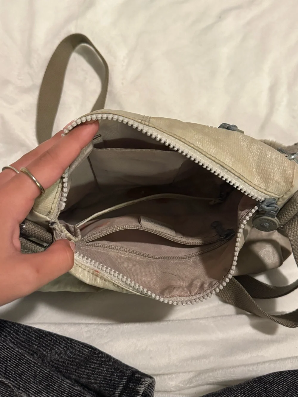 Kipling Light Beige Crossbody Bag with Olive Strap